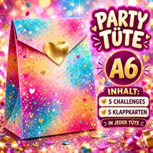 Könnte beinhalten: Eine Partytüte mit buntem Regenbogenverlauf, Glitzereffekt und einem goldenen herzförmigen Verschluss. Der Text lautet: PARTY TÜTE A6, INHALT: 5 CHALLENGES, 5 KLAPPKARTEN, IN JEDER TÜTE. Das Design zeigt verstreute kleine Herzen und funkelnde Punkte.