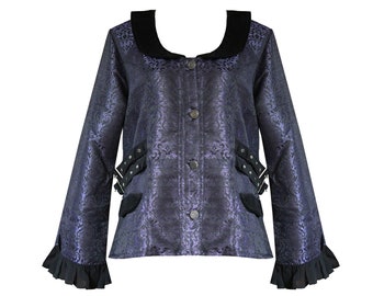 May include: A purple and black patterned jacket with a black collar and long sleeves. The jacket has a button closure and black buckles on the sides.