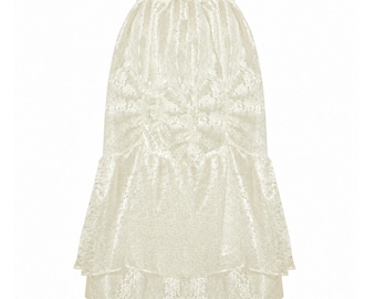 May include: A cream-colored midi skirt featuring a gathered, ruched front panel and a tiered, ruffled hemline. The garment is crafted from a textured, semi-sheer fabric with an intricate, repeating floral lace pattern throughout the entire piece.