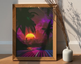 Synth City Photo Print Glow Neon Poster | Palm Tree Synthwave Retrowave Gift Present Picture | Blacklight UV LED Blacklight Wall Art