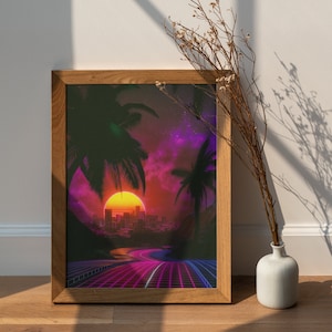 Synth City Photo Print Glow Neon Poster | Palm Tree Synthwave Retrowave Gift Present Picture | Blacklight UV LED Blacklight Wall Art