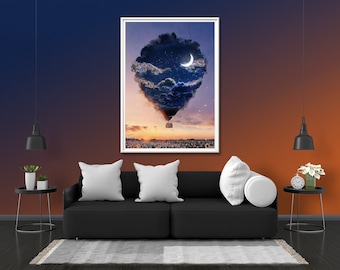 Clouds In Hot Air Balloon Photo Print Glow Neon Poster | Sky Crescent Moon Gift Present Picture | Blacklight Uv Led Blacklight Wall Art