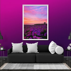 Hydrangea Field of Flowers Photo Print Glow Neon Poster | Sky Landscape Gift Present Picture | Blacklight Uv Led Blacklight Wall Art