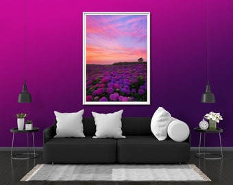 Hydrangea Field of Flowers Photo Print Glow Neon Poster | Sky Landscape Gift Present Picture | Blacklight Uv Led Blacklight Wall Art