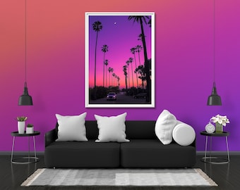Neon California Sunset Photo Print Glow Neon Poster | Palm Tree Sky Horizon Wall Art Gift Present Picture | Blacklight UV LED Blacklight