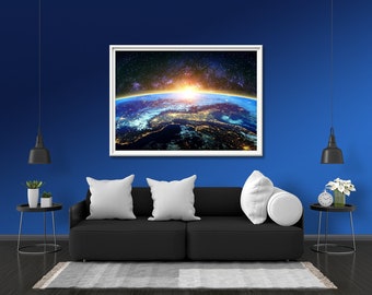 Earth Galaxy Horizon Photo Print Glow Neon Poster | Sky Wall Art Gift Present Picture | Blacklight Uv Led Strip Lights