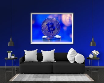 Bitcoin Blue Glow Neon Printed Poster | BTC Cryptocurrency Digital Crypto Currency Wall Art Gift Present Picture | Blacklight Uv Led