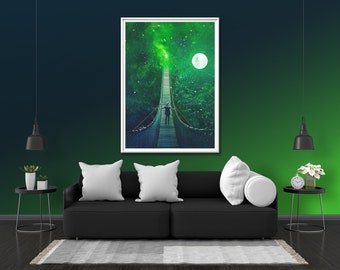 Exploring the Unknown Glowing Moon Photo Print Glow Neon Poster | Sky Wall Art Gift Present Picture | Blacklight UV LED Strip Lights