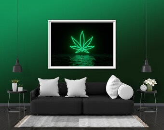 Marijuana Cannabis Leaf Photo Print Glow Neon Poster | Sky Wall Art Gift Present Picture | Blacklight Uv Led