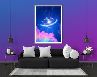 Holo Planet Photo Print Glow Neon Poster | Sky Wall Art Gift Present Picture | Blacklight UV LED Strip Lights