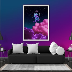 Astronaut In Neon Clouds Photo Print Glow Neon Poster | Sky Stars Space Gift Present Picture | Blacklight Uv Led Blacklight Wall Art