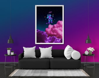 Astronaut In Neon Clouds Photo Print Glow Neon Poster | Sky Stars Space Gift Present Picture | Blacklight Uv Led Blacklight Wall Art