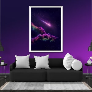 Purple Sky Shooting Star Photo Print Glow Neon Poster | Rainbow Clouds Gift Present Picture | Blacklight UV LED Blacklight Wall Art