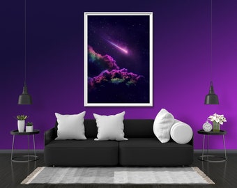 Purple Sky Shooting Star Photo Print Glow Neon Poster | Rainbow Clouds Gift Present Picture | Blacklight UV LED Blacklight Wall Art