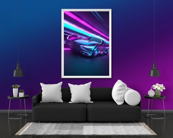 Fast Lane Photo Print Glow Neon Poster | Car Wall Art Gift Present Picture | Blacklight UV LED Strip Lights