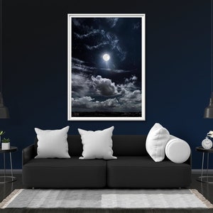 Night Sky Moon Clouds Photo Print Glow Neon Poster | Night Sky Gift Present Picture | Blacklight UV LED Blacklight Wall Art