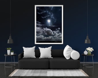 Night Sky Moon Clouds Photo Print Glow Neon Poster | Night Sky Gift Present Picture | Blacklight UV LED Blacklight Wall Art