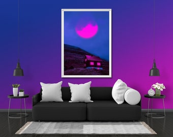 House on a Hill Photo Print Glow Neon Poster | Moon Wall Art Gift Present Picture | Blacklight UV LED Strip Lights
