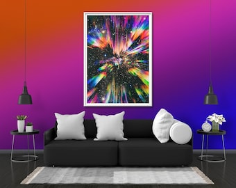 Rainbow Shooting Prism Photo Print Glow Neon Poster | Colorful Crystal Gift Present Picture | Blacklight UV LED Blacklight Wall Art