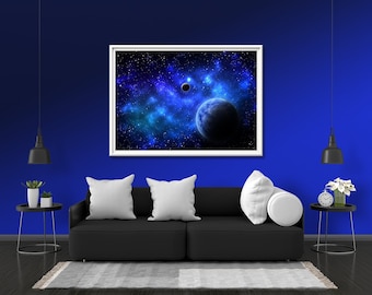 Space Galaxy Nebula Planets Photo Print Glow Neon Poster | Sky Wall Art Gift Present Picture | Blacklight UV LED