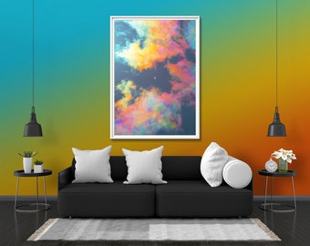Rainbow Clouds Photo Print Glow Neon Poster | Sky Cloud Crescent Moon Holo Gift Present Picture | Blacklight UV LED Blacklight Wall Art