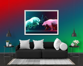 Bulls vs. Bears Market Photo Print Glow Neon Poster | Sky Wall Art Gift Present Picture | Blacklight Uv Led Strip Lights