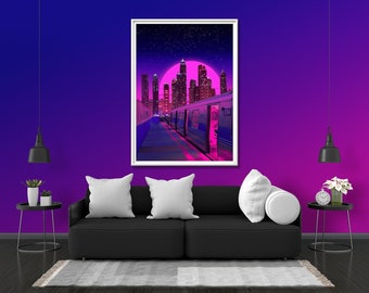 New York City Subway Skyline Photo Print Glow Neon Poster | NYC Gift Present Picture | Blacklight UV LED Blacklight Wall Art