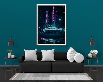 Radio City Music Hall Photo Print Glow Neon Poster | Posters Wall Art Gift Present Picture | Blacklight UV LED Strip Lights
