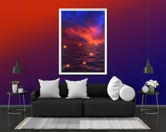 Moon on the Ocean Water Photo Print Glow Neon Poster | Sky Horizon Wall Art Gift Present Picture | Blacklight UV LED Blacklight