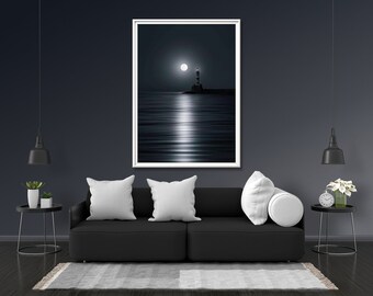 Glowing Moon over the Lighthouse Photo Print Glow Neon Poster | Sky Wall Art Gift Present Picture | Blacklight UV LED Strip Lights