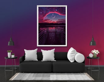 Dreamy Sunset On The Dock Photo Print Glow Neon Poster | Sky River Lake Gift Present Picture | Blacklight Uv Led Blacklight Wall Art