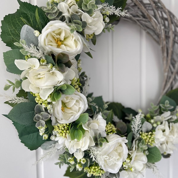 White faux flowers wicker door wreath, English heritage roses wreath, spring, summer door wreath. Country Cottage decoration. Spring Wreath.