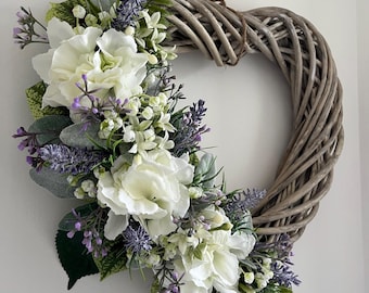 Floral Heart Wreath: Cottage Style Artificial Hydrangea, Lavender. Mother’s Day gift “LUCY”