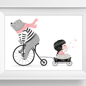 Cycling Bear pulling Child in cart Print