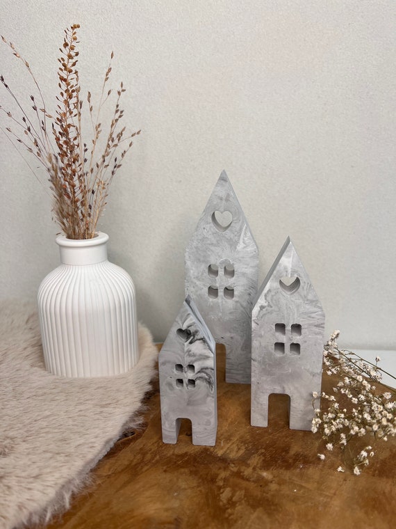 Deko Lichthäuser| Dekohaus| Häuschen| Herzchenhäuser| Dekohäuser| Jesmonite| Hygge| Weihnachtsdekoration| Herbstdeko| Haus| Mini-Häuschen