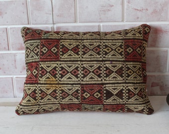 14x20 Embroidered Lumbar Kilim Pillow, Ethnic Kilim Pillow Cover, Kilim Cushion Cover, Bohemian Lumbar Kilim Pillow / p- 646