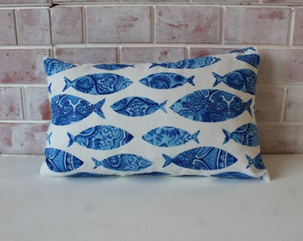 Fish Design Pillow Cover, Fish Design Lumbar Pillow , Blue-White Pillow, Marine Pillow / P-3164 / 16X22