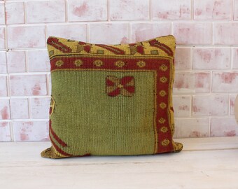 RUG Pillow Cover, Ethnic Rug Pillow, Bohemian Rug Pillow, Anatolian Rug Pillow, Green  Rug Pillow / P-2430 / 19x19