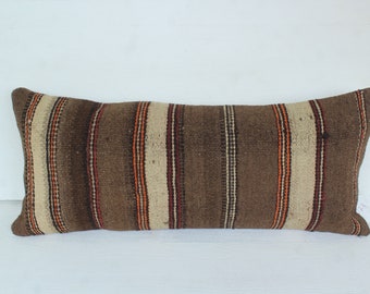 Striped Brown Pillow , Striped Ethnic Pillow, Handwoven Wool Pillow, Bohemian Lumbar Pillow / P-4073 / 12X28