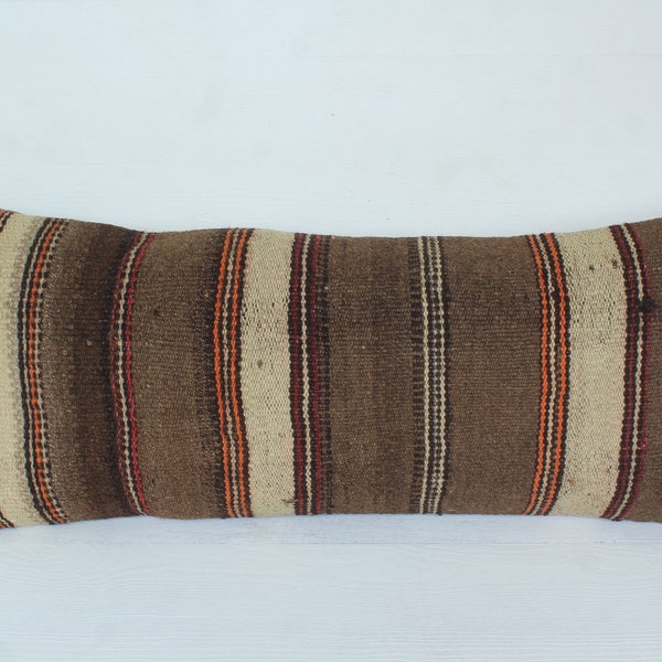 Striped Brown Pillow , Striped Ethnic Pillow, Handwoven Wool Pillow, Bohemian Lumbar Pillow / P-4073 / 12X28