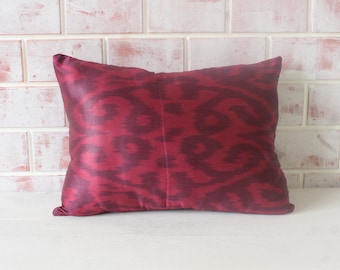 Silk Ikat Pillow, Ethnic Pillow Cover, Burgundy Silk Pillow, Burgundy Ikat Pillow Cover / P-4949-50