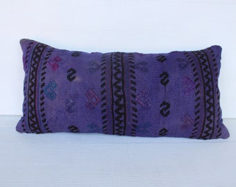 Blue Kilim Pillow, Blue Lumbar Pillow, Ethnic Lumbar Pillow, Blue Kilim Cushion, Bohemian Pillow Cover / P-3842 / 12x24