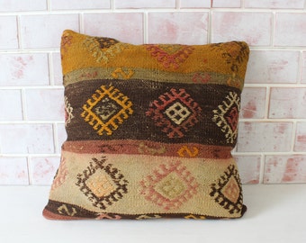 Ethnic Kilim Pillow, Vintage Pillow Cover, Bohemian Pillow, Aztec Design Pillow , Handwoven Pillow / P-3317 / 20x20 inch