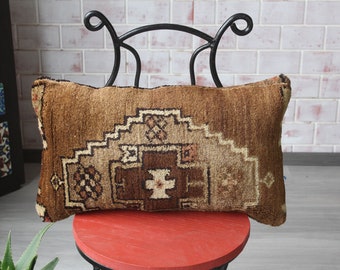 Brown Rug Pillow, Handwoven Rug Pillow Cover, Ethnic Rug Pillow Cover / P-2906 / 12x24