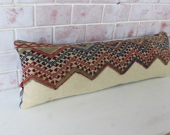 Kilim Lumbar Pillow, Beige Lumbar Pillow ,  Long Bed Pillow Cover , Vintage Bed Pilllow / P-3333 / 12X35