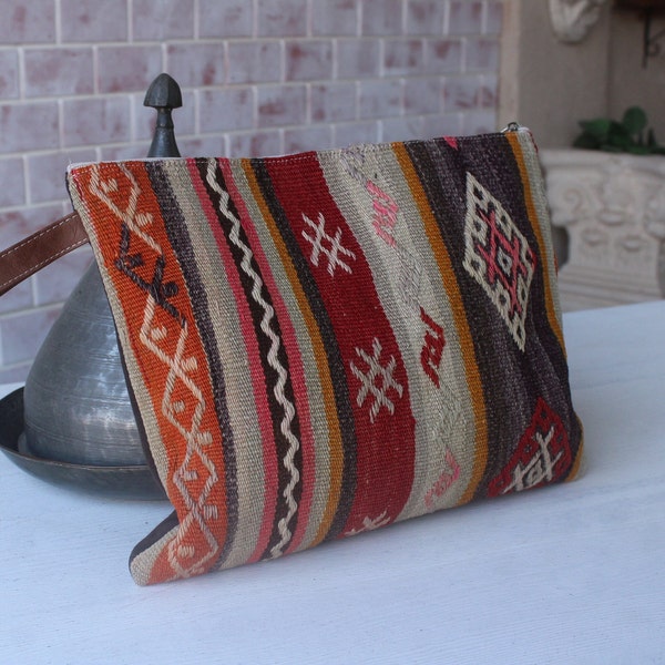 Ethnic Kilim Clutch, Ethnic Striped Clutch, Handwoven Bag / EC-42 / 12X14X2