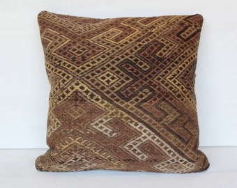 Brown Jijim Kilim Pillow, Ethnic Kilim Pillow, Bohemian Pillow, Brown Handwoven Pillow Cover / P-3880
