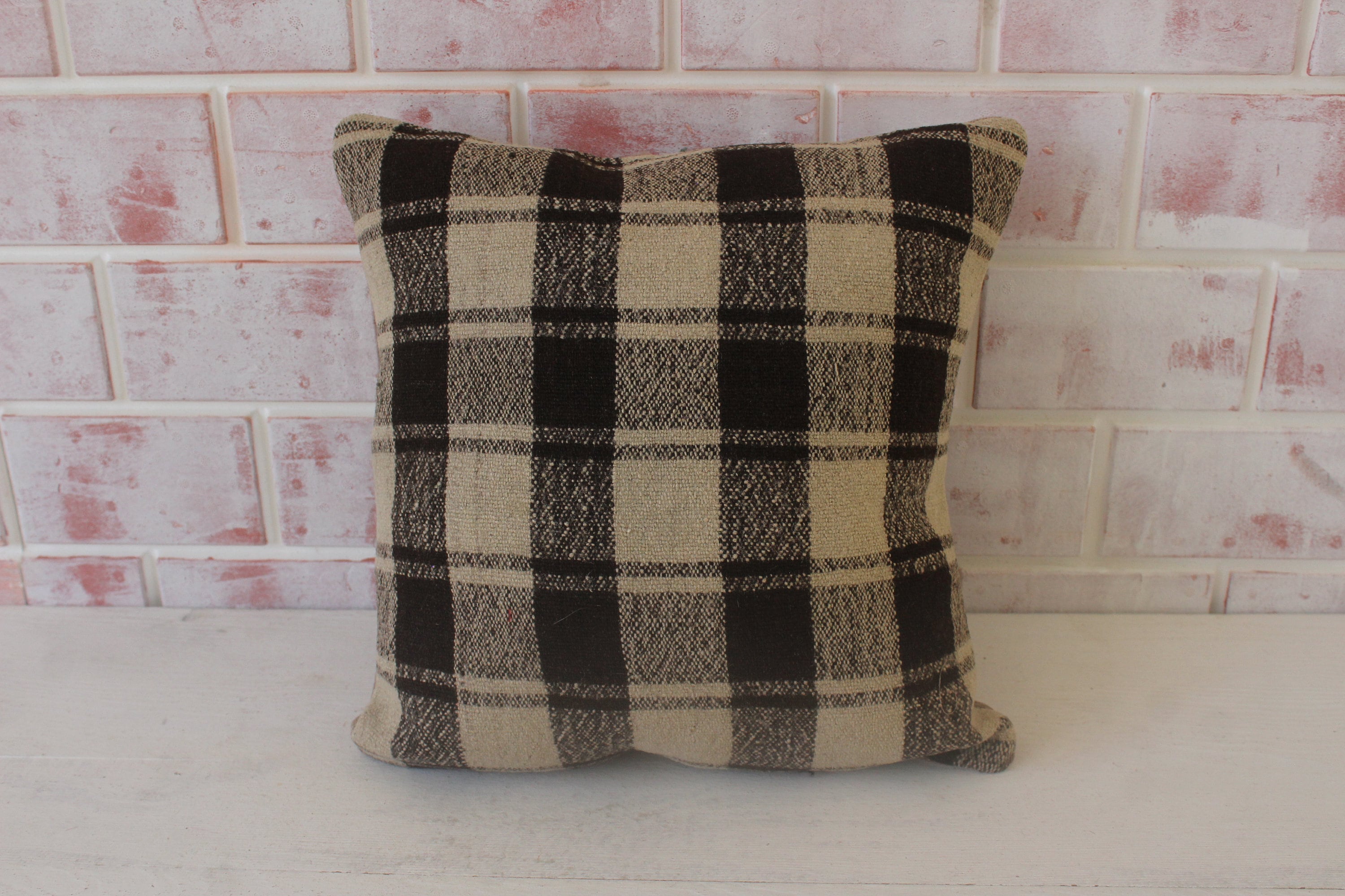 Cream, Blue and Brown Plaid Wool Lumbar Pillow 14x22 by Vantage Design