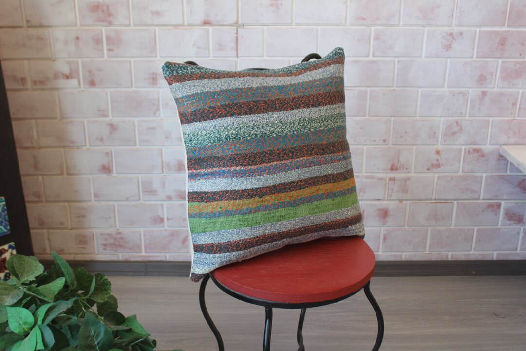 Vintage Rag Rug Pillow, Ethnic Pillow Cover, Bohemian Pillow Cover
