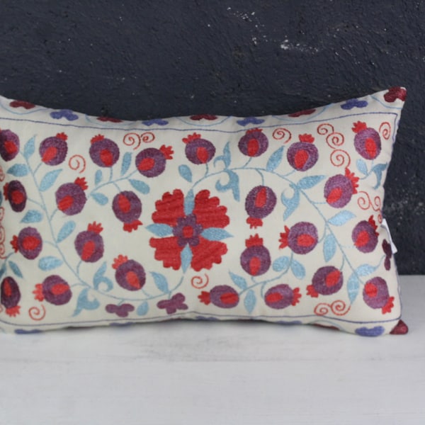 Suzani Lumbar Pillow, Bohemian Bed Pillow, Ethnic Embroidered Pillow Cover  / P-5079 /  14X24
